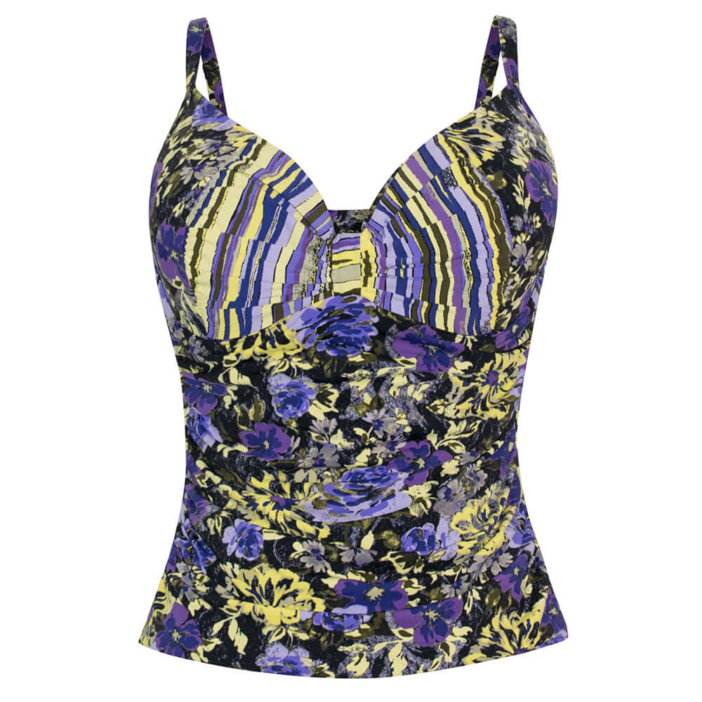 Passion Flower Ruched Dual Cup U/W Tankini (Blueberry) - Bare Essentials