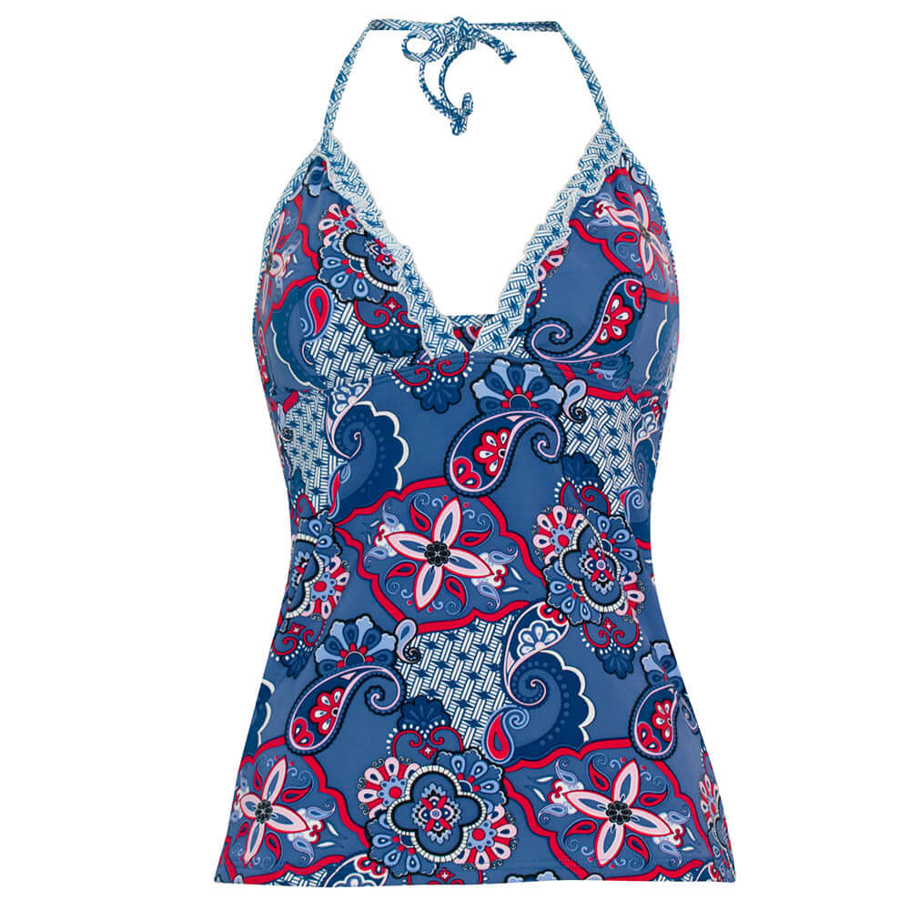 Provence Halter Frill Tankini Top (Indigo/Raspberry) - Bare Essentials